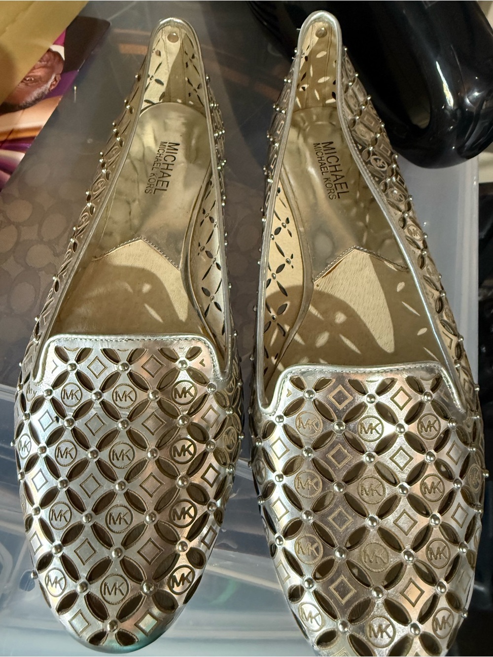 Michael Kors Silver Logo Perforated Leather Flats